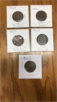 5 2cent (US) coins. 4 are 1864, one is 1865. One