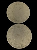Pair of Antique 5C Liberty V Nickel Coins - 1903,