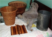 lot of 2 baskets, sheepskin, wooden book with
