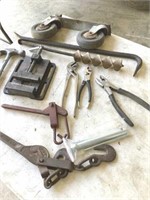 THREE PAIR PLIERS, TWO BINDERS, VISE, TWO HAMMERS,