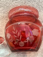 Vintage Ruby/Gray Etched Cut Cranberry Mustard Jar