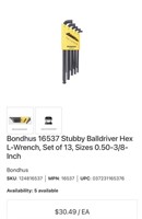 16537 Stubby Balldriver Hex L-Wrench, Set of 13,