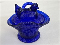 Westmoreland? Cobalt Blue Glass Hen on a Basket