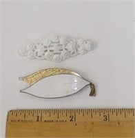 2 Vintage White Enamel Brooches Pins