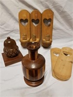 Lot of wooden bookends, candle holders and more