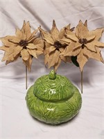 Poinsettia dish with lid, 3 poinsettia flower