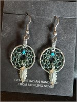 STERLING TURQUOISE DREAM CATCHER EARRINGS NATIVE