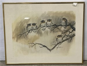 (Q) Artist Signed Owl Watercolor Painting 20 1/4”