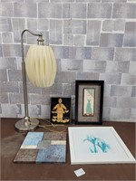 Side table lamp and wall art pieces