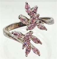 Sterling Silver Pink Stone Leaf Ring