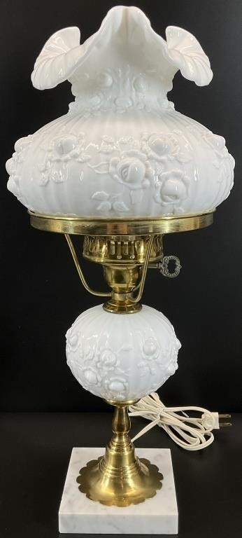 Fenton Milk Glass Cabbage Rose Hurricane Lamp