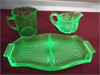 Old Vaseline Glass Plate, Measuring Cup & Creamer