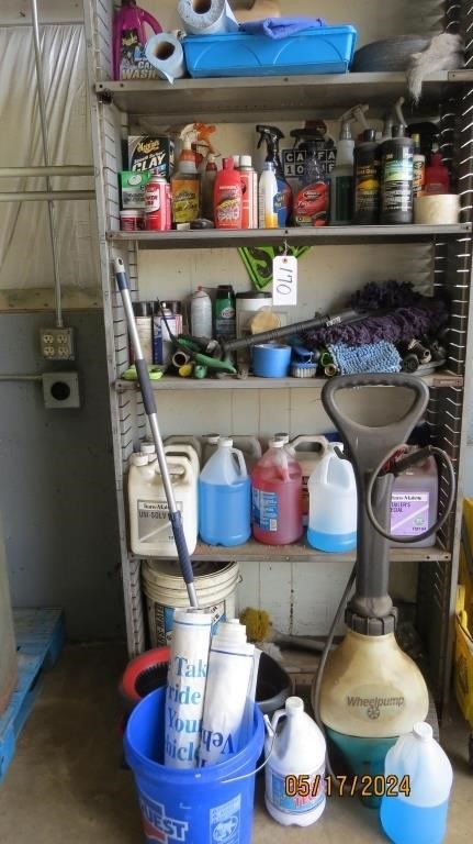 Assorted Fluids, Shelf and Mop Bucket