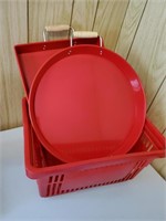 2 Red Metal Trays & Plastic Basket