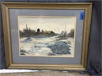 watercolor 1943 snowy farmscape scene signed by Cl