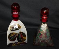 Pair Handpainted Art Glass Decanters signed 12"