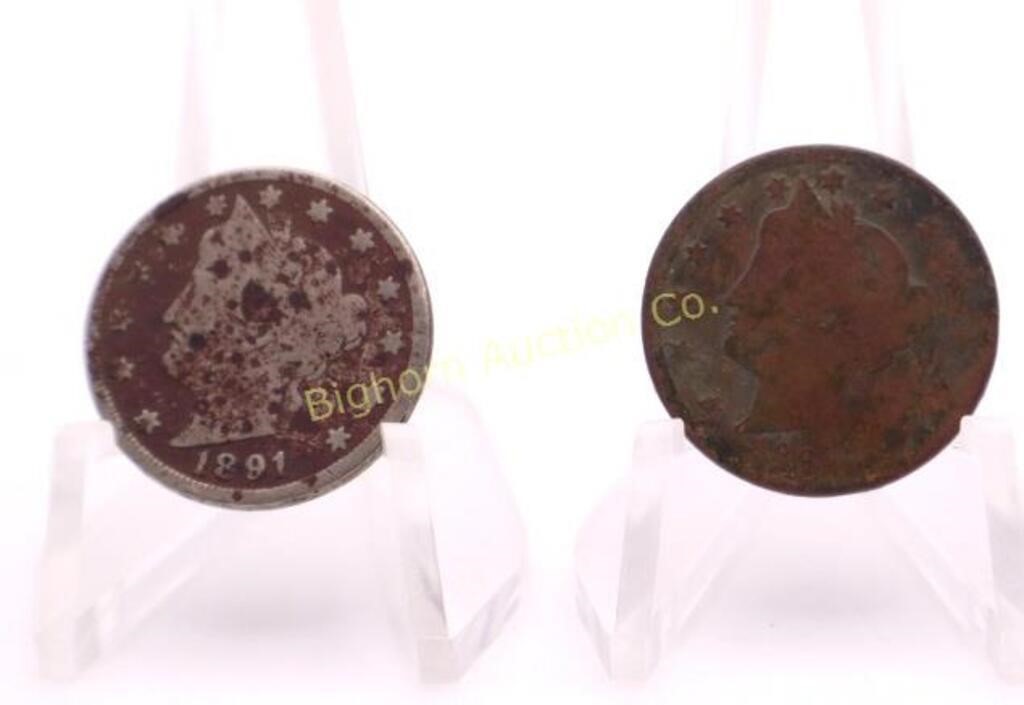 Liberty Head Nickels 1890, 91 2pc lot