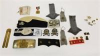 of British military pins, insignias, cap, belt,