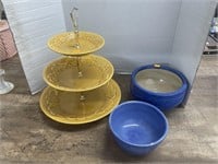 Vintage USA pottery bowls and 3 tier platter