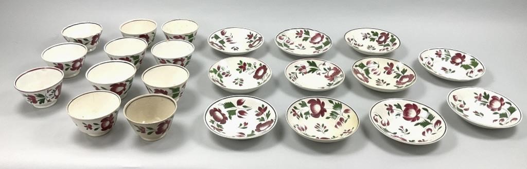 22 Early Adams Rose Teacups Small Bowls, Saucers.