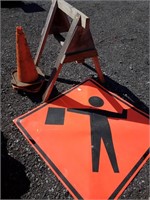 Traffic cones,sign, saw horse