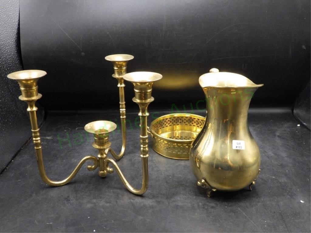 PFW Brass Pitcher /Dish & A Brass Candleabra