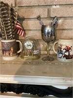 Cups, clock, misc on mantle
