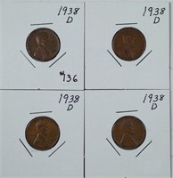 4  1938-D  Lincoln Cents  VF-XF