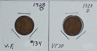2  1928-D  Lincoln Cents   VF