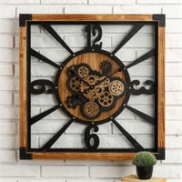 Industrial Wood/Metal Round Gear Wall Clock