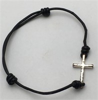 Adjustable Sterling Cross Bracelet On Black Cord