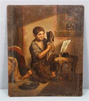 19th C. Oil Painting on Tin of Man Bathing