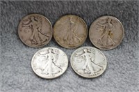 5 Walking Liberty Half Dollars- Various Dates