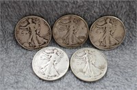 5 Walking Liberty Half Dollars- Various Dates