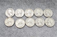 10 Silver Washington Quarters- Various Dates
