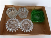 Early Fenton Green Hobnail & Other Candle Holders