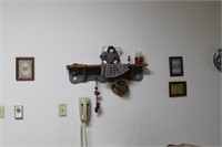COUNTRY wall shelf with 3 framed prints, doll ,