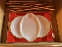 FIRE KING DIVIDED SERVING DISH, CANDLES