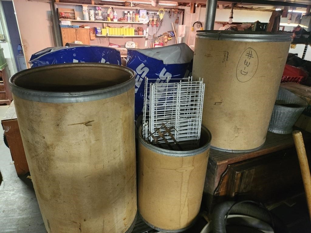 Barrels of Wood Scraps, Metal Shelves, Ash Bucket