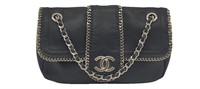 CC Black Leather Gold Accents Half-Flap Bag