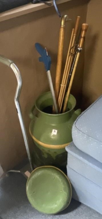 5 GALLON PAIINTED MILK CAN W/WALKING CANES AND