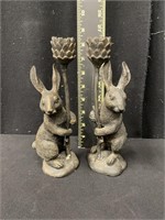 Pair of Heavy Cast Metal Rabbit Candle Holders