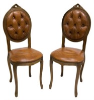 (2) CARVED HARDWOOD TUFTED LEATHER SIDE CHAIRS