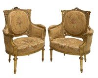 (2) LOUIS XVI STYLE GILT CARVED BERGERE CHAIRS