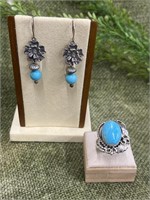 Turquoise Native American Flower Ring & Earrings