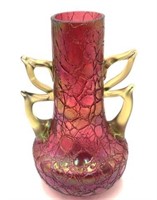 Red Crackle Design Loetz-Style Art Glass Vase.