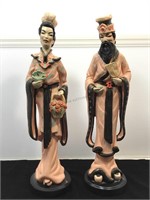 Pair of Signed Ceramic Chinese Statues 26in. H.