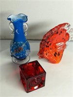 Blue, Red, Orange Art Glass: Fish, Vase, Cube