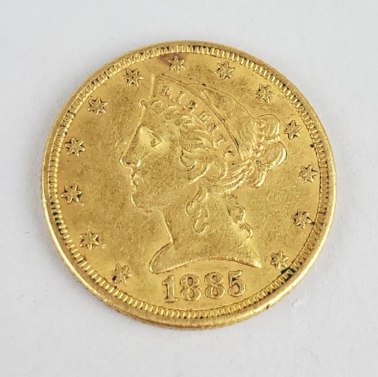1885 Fine Gold Liberty Eagle Five Dollar Coin.