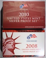 2008 & 2010 U.S. SILVER PROOF SETS IN ORIG BOX/COA